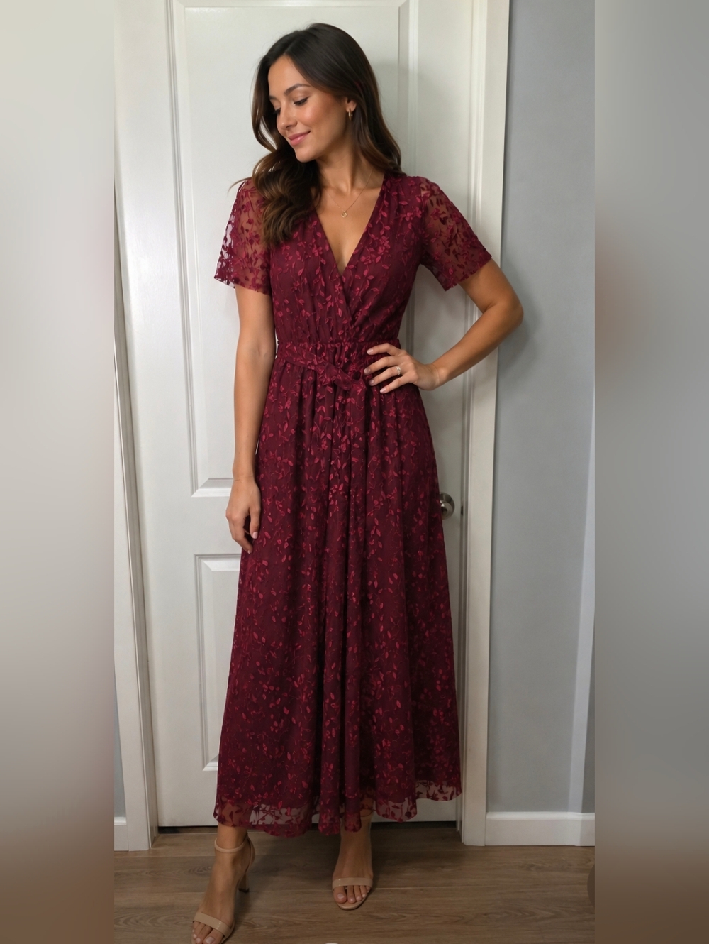 Baltic Born Marsielle Embossed Rosewood Floral Lace Maxi Dress